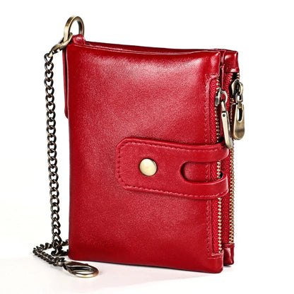 Genuine Leather Men's Anti Rfid Cowhide Chain Double Zipper Wallet