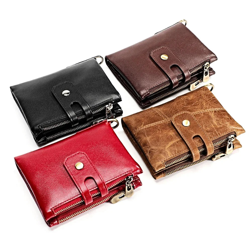 Genuine Leather Men's Anti Rfid Cowhide Chain Double Zipper Wallet