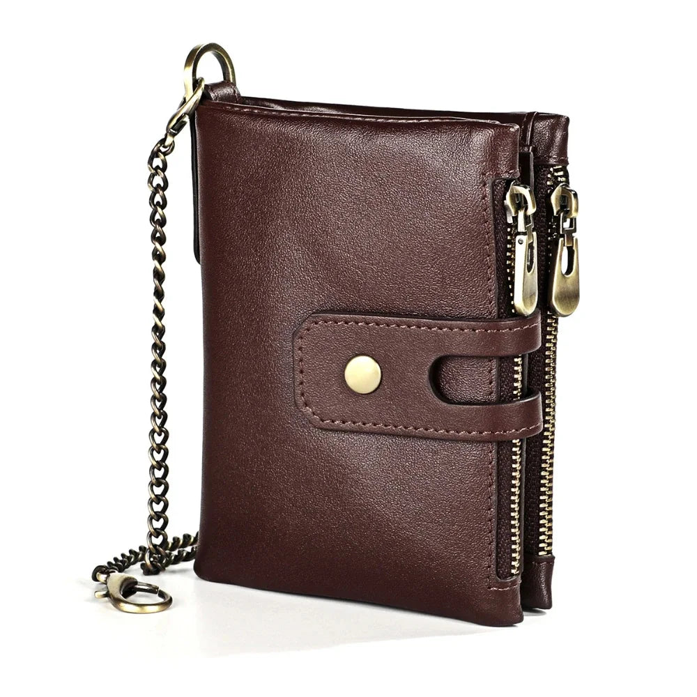 Genuine Leather Men's Anti Rfid Cowhide Chain Double Zipper Wallet