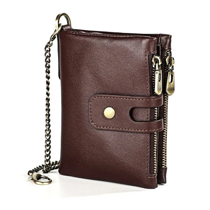 Genuine Leather Men's Anti Rfid Cowhide Chain Double Zipper Wallet