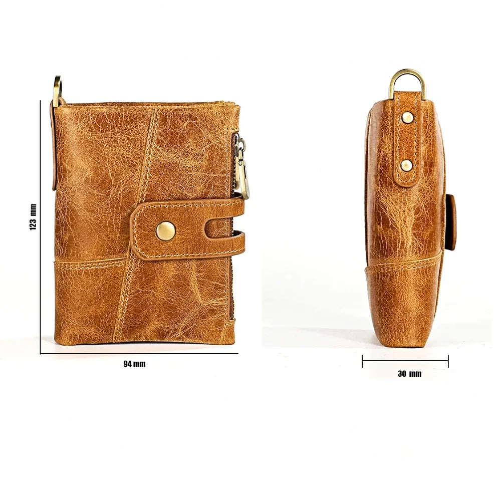 Genuine Leather Men's Anti Rfid Cowhide Chain Double Zipper Wallet