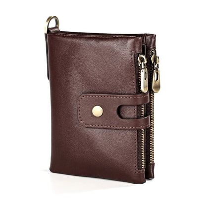 Genuine Leather Men's Anti Rfid Cowhide Chain Double Zipper Wallet