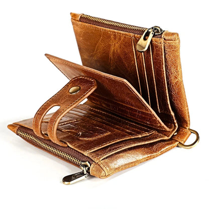 Genuine Leather Men's Anti Rfid Cowhide Chain Double Zipper Wallet