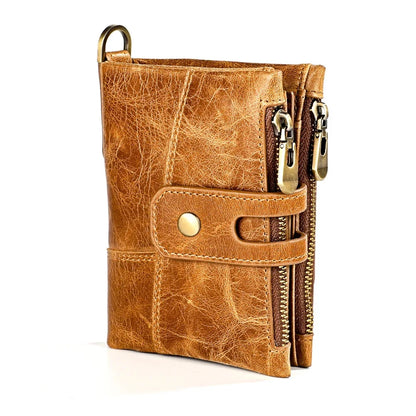 Genuine Leather Men's Anti Rfid Cowhide Chain Double Zipper Wallet