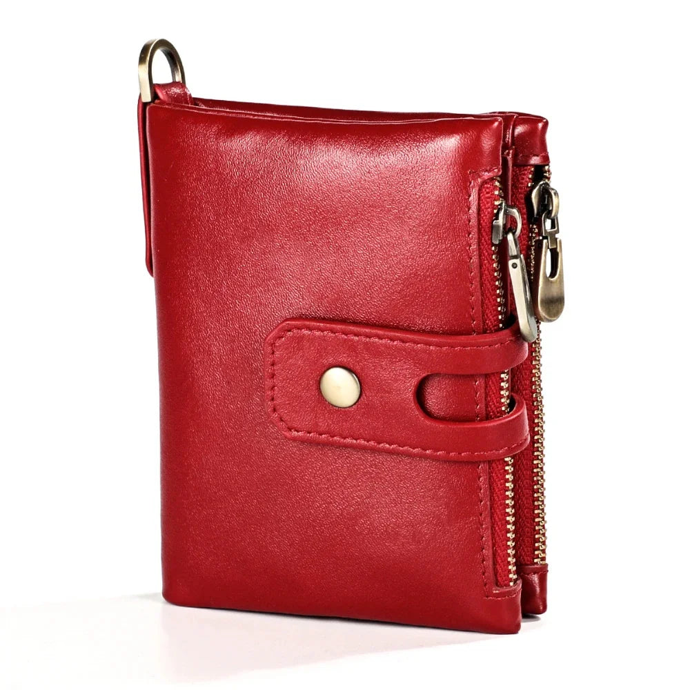 Genuine Leather Men's Anti Rfid Cowhide Chain Double Zipper Wallet