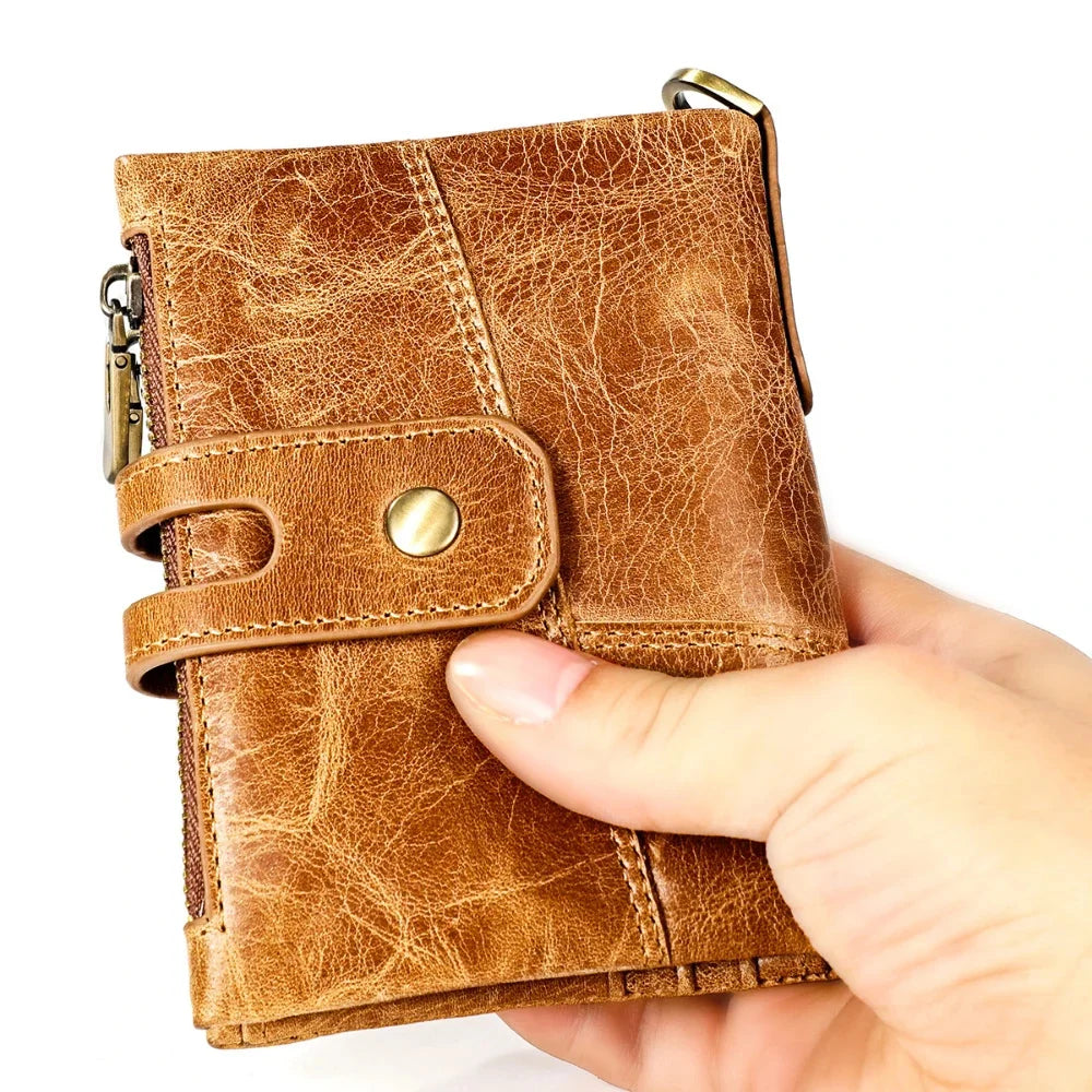 Genuine Leather Men's Anti Rfid Cowhide Chain Double Zipper Wallet