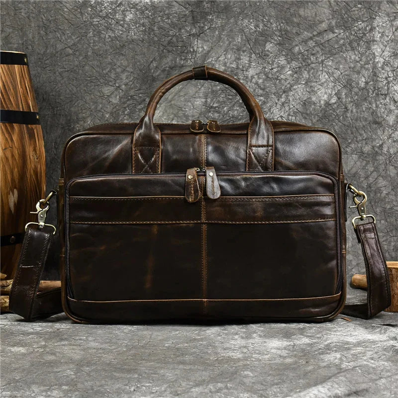 Genuine Leather Men's Briefcase Business Handbag Vintage Cowhide Male Shoulder Crossbody Office 14 "Inch Laptop Bag