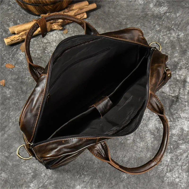 Genuine Leather Men's Briefcase Business Handbag Vintage Cowhide Male Shoulder Crossbody Office 14 "Inch Laptop Bag