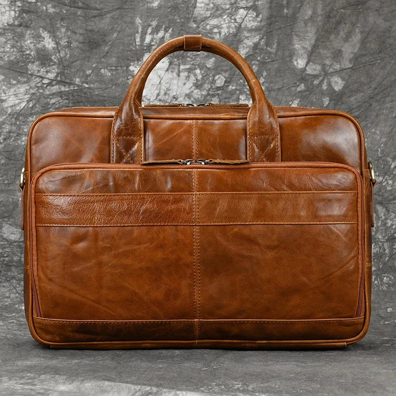 Genuine Leather Men's Briefcase Business Handbag Vintage Cowhide Male Shoulder Crossbody Office 14 "Inch Laptop Bag