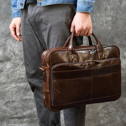 Genuine Leather Men's Briefcase Business Handbag Vintage Cowhide Male Shoulder Crossbody Office 14 "Inch Laptop Bag