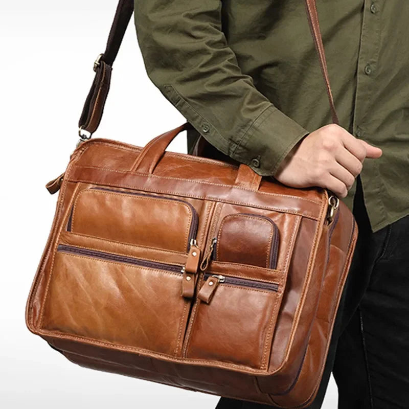 Genuine Leather Men's Briefcase Large Capacity Travel Handbag Casual Cowhide Male Shoulder Messenger 15.6 "Inch Laptop Bag