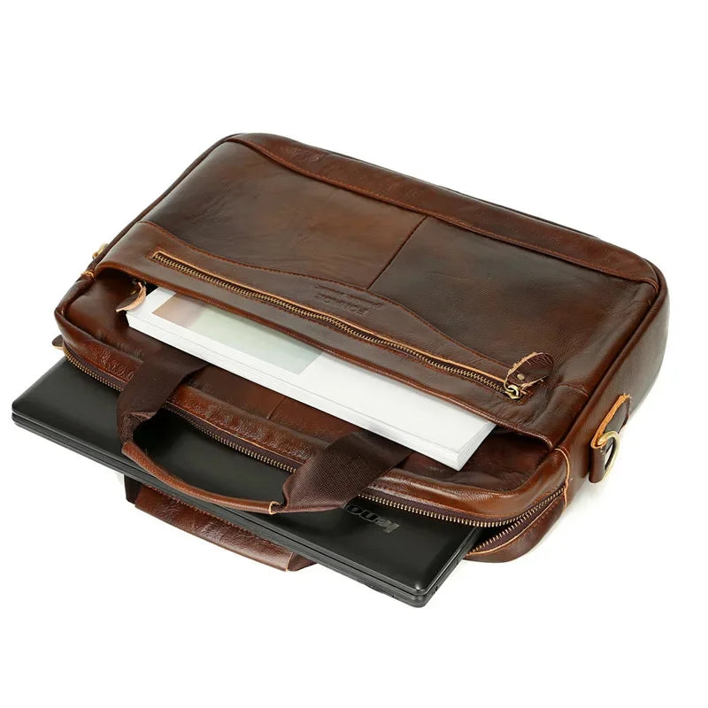 Genuine Leather Men's Briefcase Luxury Cowhide Handbag Large Capacity Male Shoulder Messenger Business 14" Laptop Bag