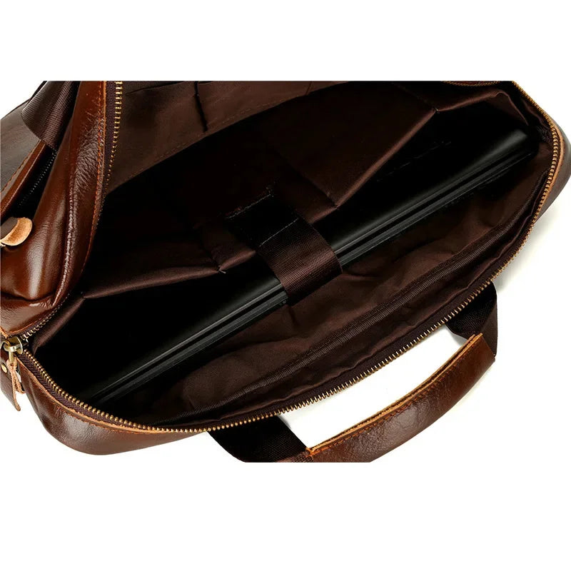 Genuine Leather Men's Briefcase Luxury Cowhide Handbag Large Capacity Male Shoulder Messenger Business 14" Laptop Bag