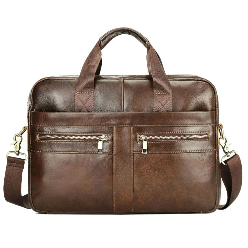 Genuine Leather Men's Briefcase Vintage Cowhide Handbag Office Male Shoulder Messenger Business 14" Laptop Bag
