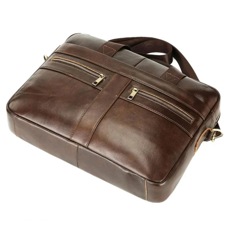 Genuine Leather Men's Briefcase Vintage Cowhide Handbag Office Male Shoulder Messenger Business 14" Laptop Bag