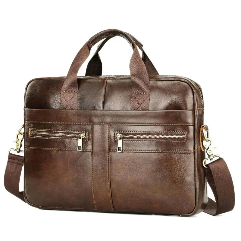 Genuine Leather Men's Briefcase Vintage Cowhide Handbag Office Male Shoulder Messenger Business 14" Laptop Bag