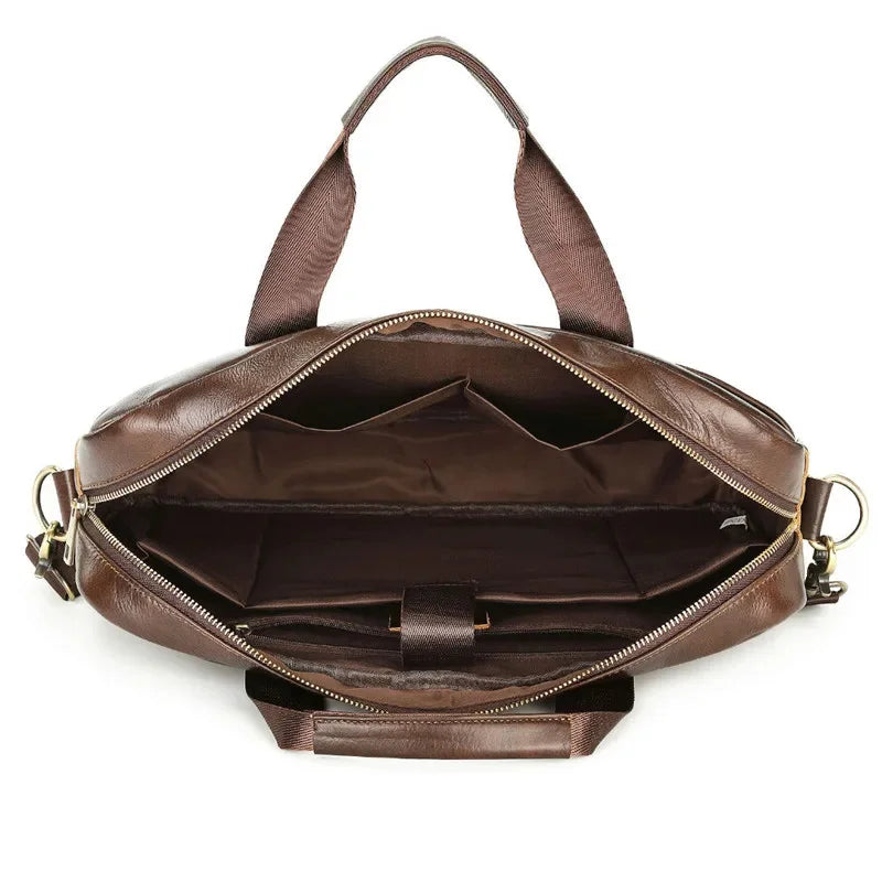 Genuine Leather Men's Briefcase Vintage Cowhide Handbag Office Male Shoulder Messenger Business 14" Laptop Bag