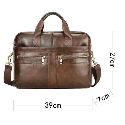 Genuine Leather Men's Briefcase Vintage Cowhide Handbag Office Male Shoulder Messenger Business 14" Laptop Bag