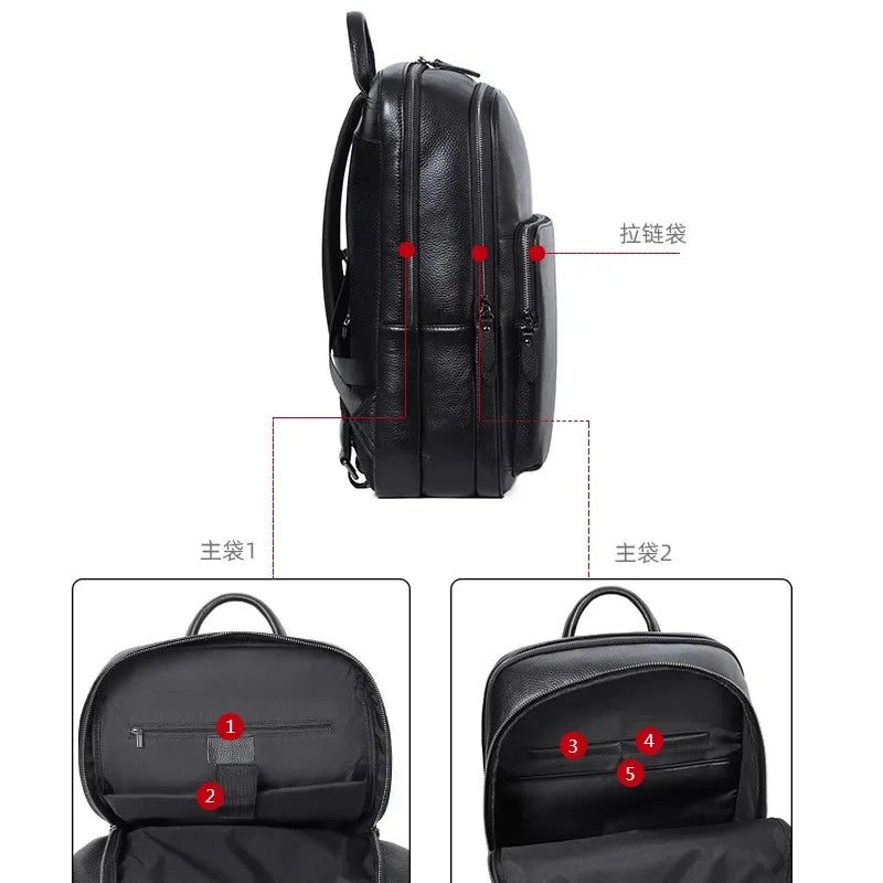 Genuine Leather Men's Cowhide Travel Backpack Large Capacity College Students School Business Laptop Bag