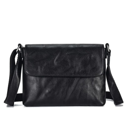 Genuine Leather Men's Crossbody Fashion Flap Shoulder s Black Small Messenger Bag Work for 7.9" iPad Travel Purse