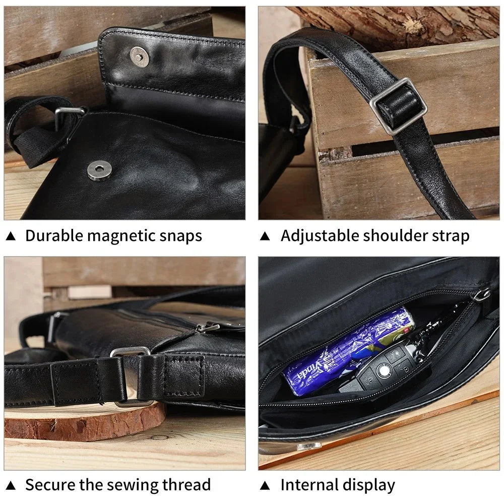Genuine Leather Men's Crossbody Fashion Flap Shoulder s Black Small Messenger Bag Work for 7.9" iPad Travel Purse