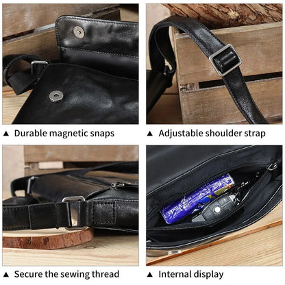 Genuine Leather Men's Crossbody Fashion Flap Shoulder s Black Small Messenger Bag Work for 7.9" iPad Travel Purse