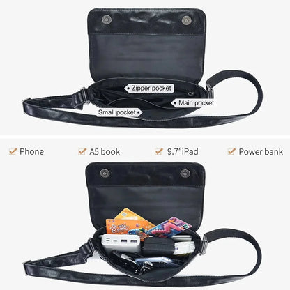Genuine Leather Men's Crossbody Fashion Flap Shoulder s Black Small Messenger Bag Work for 7.9" iPad Travel Purse