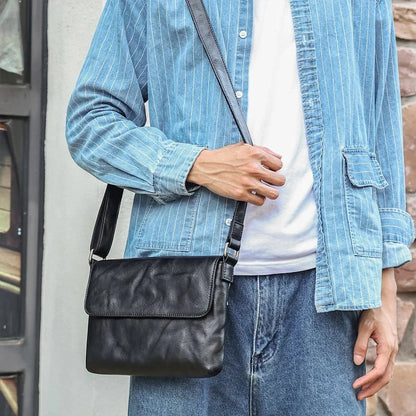 Genuine Leather Men's Crossbody Fashion Flap Shoulder s Black Small Messenger Bag Work for 7.9" iPad Travel Purse