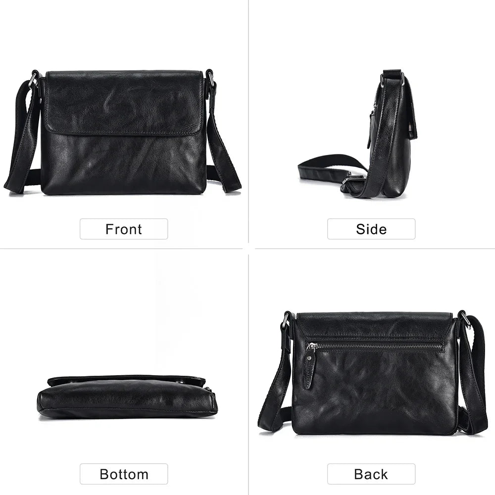 Genuine Leather Men's Crossbody Fashion Flap Shoulder s Black Small Messenger Bag Work for 7.9" iPad Travel Purse