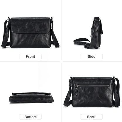 Genuine Leather Men's Crossbody Fashion Flap Shoulder s Black Small Messenger Bag Work for 7.9" iPad Travel Purse