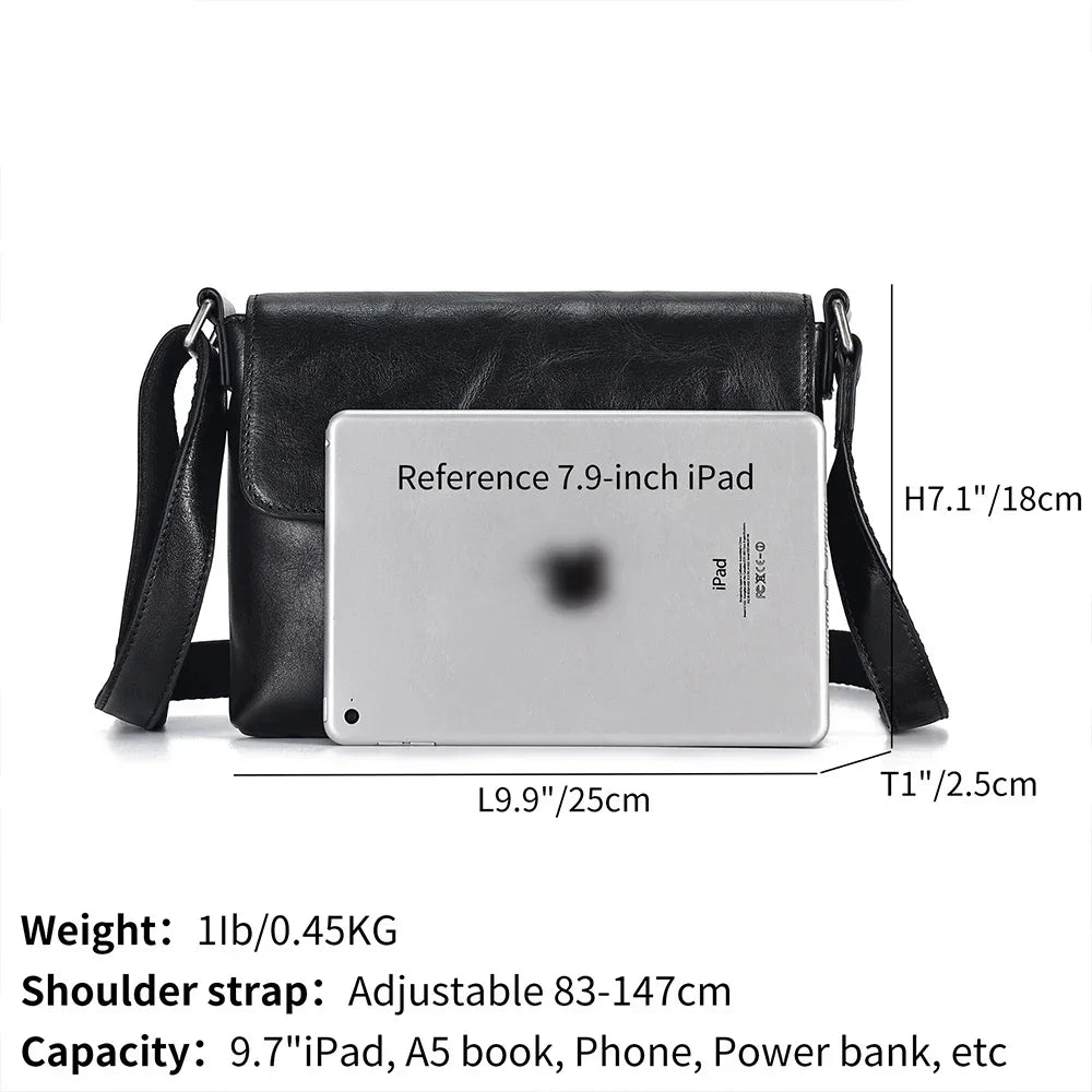Genuine Leather Men's Crossbody Fashion Flap Shoulder s Black Small Messenger Bag Work for 7.9" iPad Travel Purse