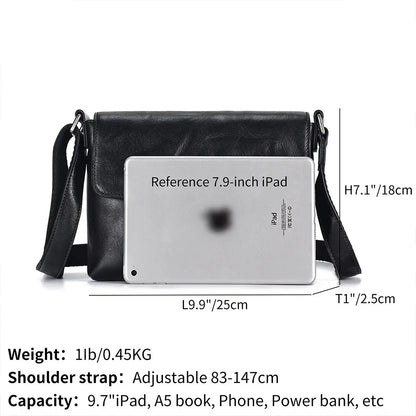 Genuine Leather Men's Crossbody Fashion Flap Shoulder s Black Small Messenger Bag Work for 7.9" iPad Travel Purse