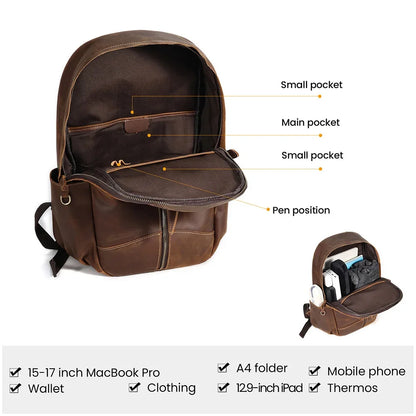 Genuine Leather Men's Large Capacity 15.6" Laptop Bag School Backpack Male Shoulder Bags Travel Daypack Rucksack
