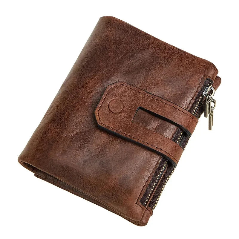 Genuine Leather Men's Wallet RFID Anti-theft Brush Double Zipper Men Holder Fashion Multi Card Short Handbag