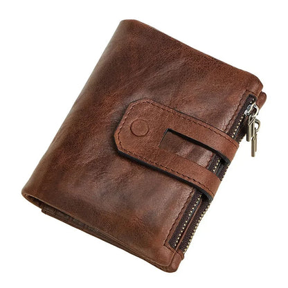 Genuine Leather Men's Wallet RFID Anti-theft Brush Double Zipper Men Holder Fashion Multi Card Short Handbag