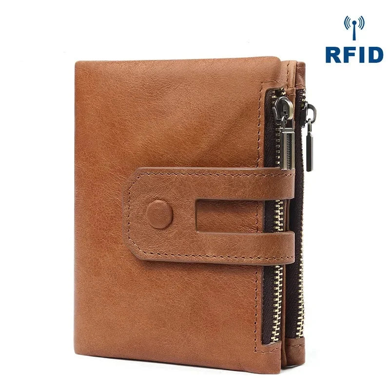 Genuine Leather Men's Wallet RFID Anti-theft Brush Double Zipper Men Holder Fashion Multi Card Short Handbag