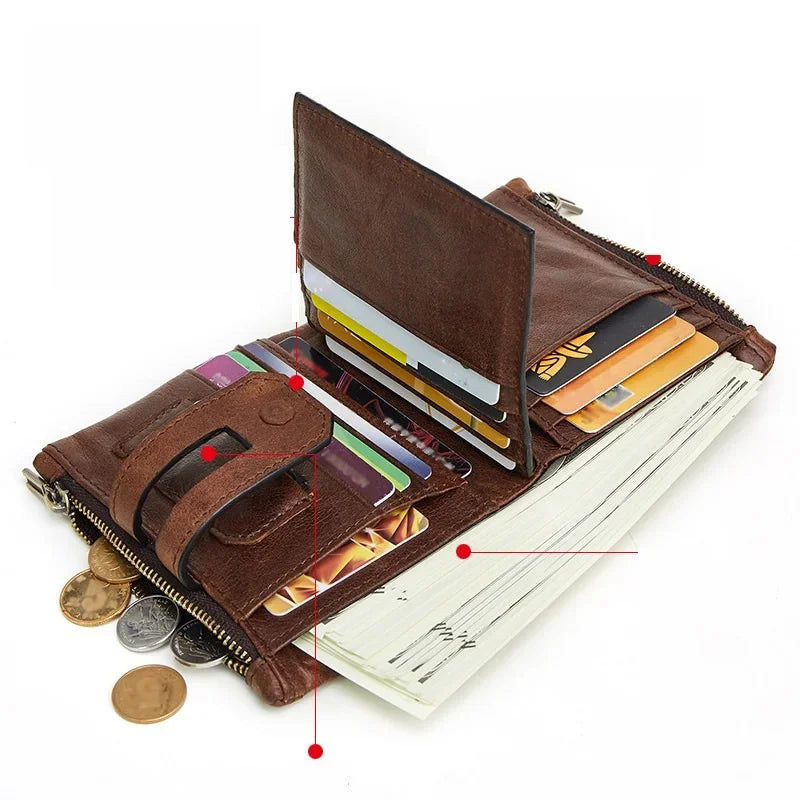 Genuine Leather Men's Wallet RFID Anti-theft Brush Double Zipper Men Holder Fashion Multi Card Short Handbag