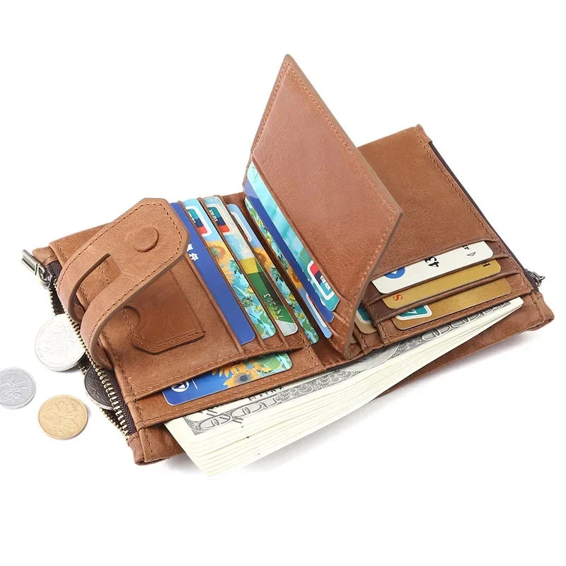 Genuine Leather Men's Wallet RFID Anti-theft Brush Double Zipper Men Holder Fashion Multi Card Short Handbag