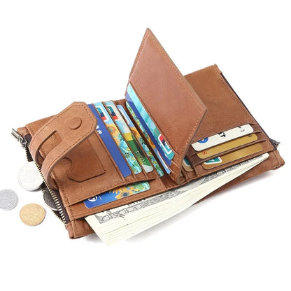 Genuine Leather Men's Wallet RFID Anti-theft Brush Double Zipper Men Holder Fashion Multi Card Short Handbag