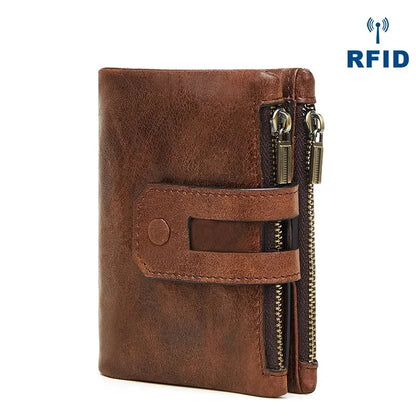 Genuine Leather Men's Wallet RFID Anti-theft Brush Double Zipper Men Holder Fashion Multi Card Short Handbag