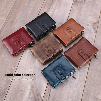 Genuine Leather Men's Wallet RFID Anti-theft Brush Double Zipper Men Holder Fashion Multi Card Short Handbag