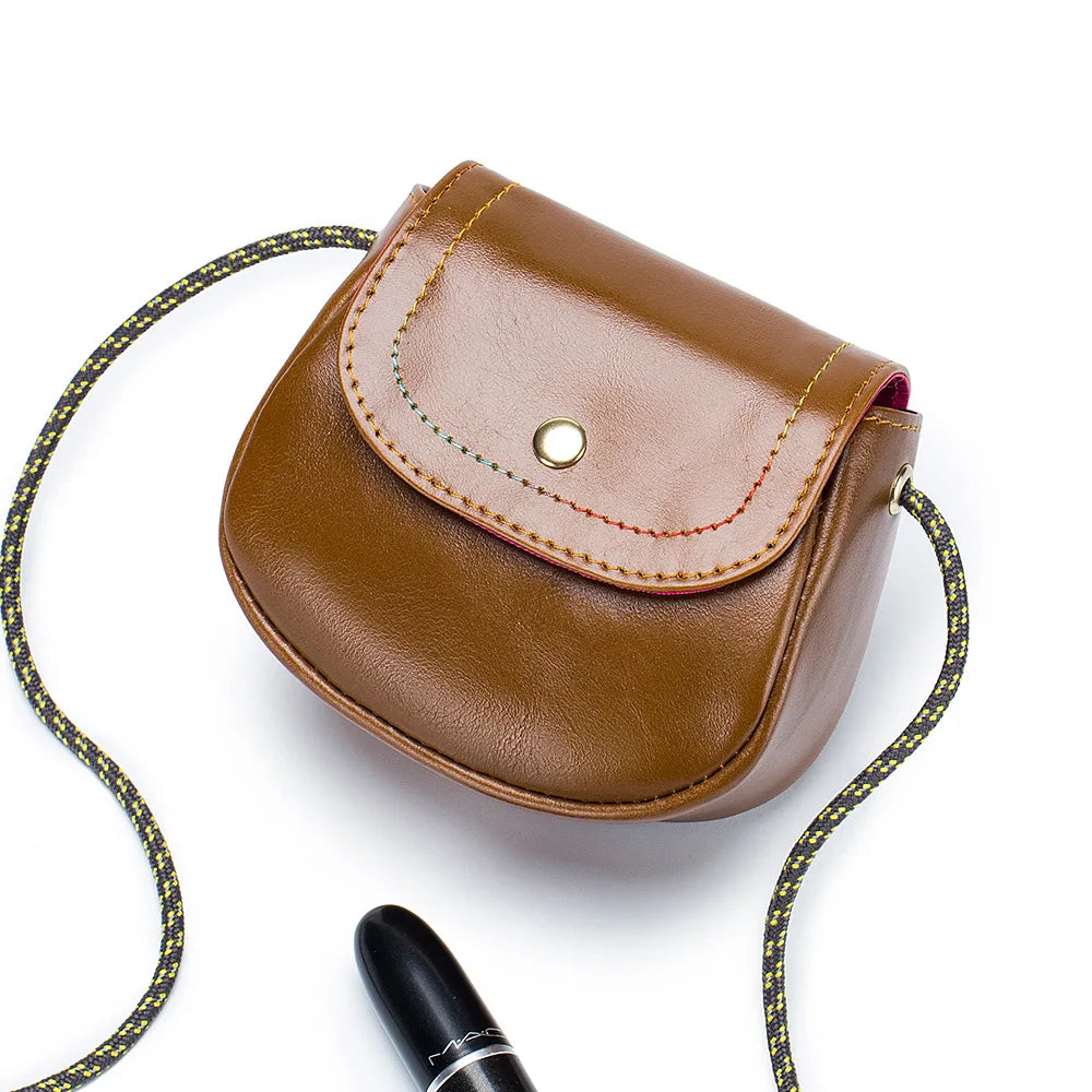Genuine Leather Mini Crossbody Bags for Women Girls Fashion Luxury Single Shoulder Bags Retro Brown Lipstick Make Up Bags Bolso
