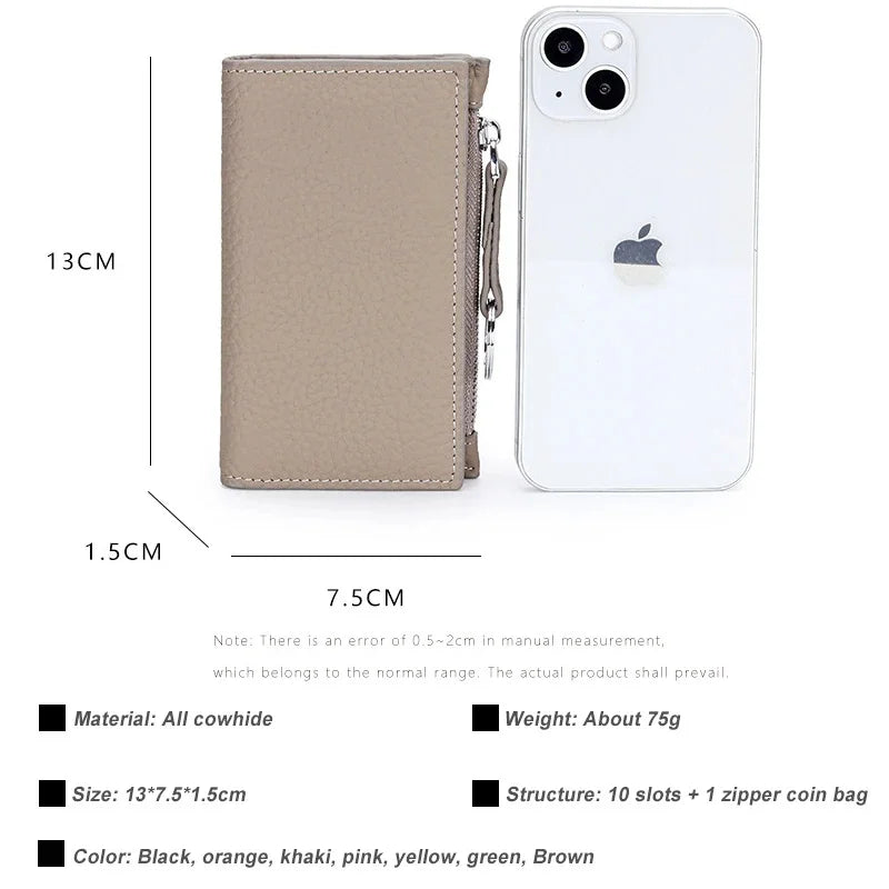 Genuine Leather Purses Women's Holder Zipper Purse Brand Credit Card Case Portable Ultra-Thin Fold Wallet Coin Pocket