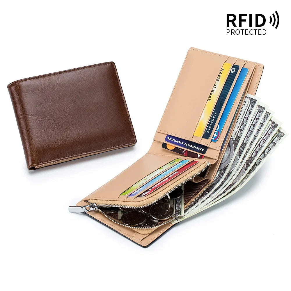 Genuine Leather Retro Men's Short Wallet with Large Capacity, Zipper Coin Pocket, Multiple Card Slots, RFID Blocking