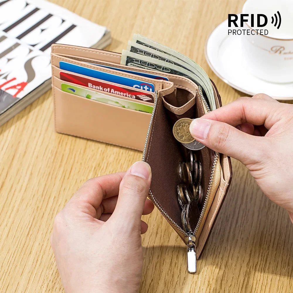 Genuine Leather Retro Men's Short Wallet with Large Capacity, Zipper Coin Pocket, Multiple Card Slots, RFID Blocking