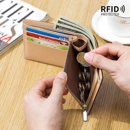 Genuine Leather Retro Men's Short Wallet with Large Capacity, Zipper Coin Pocket, Multiple Card Slots, RFID Blocking
