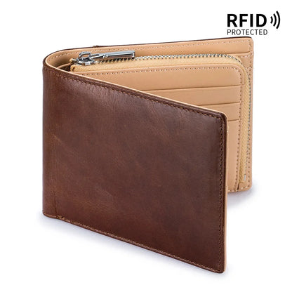 Genuine Leather Retro Men's Short Wallet with Large Capacity, Zipper Coin Pocket, Multiple Card Slots, RFID Blocking