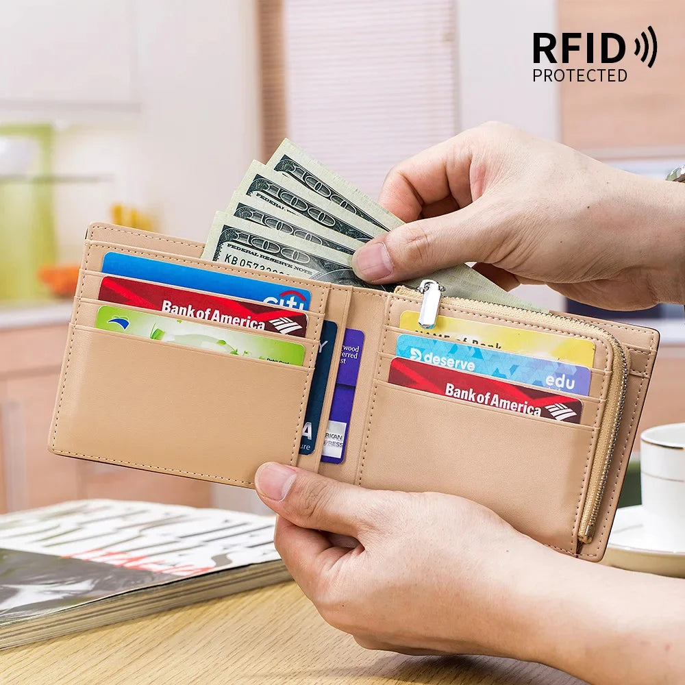 Genuine Leather Retro Men's Short Wallet with Large Capacity, Zipper Coin Pocket, Multiple Card Slots, RFID Blocking