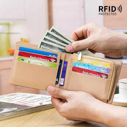 Genuine Leather Retro Men's Short Wallet with Large Capacity, Zipper Coin Pocket, Multiple Card Slots, RFID Blocking