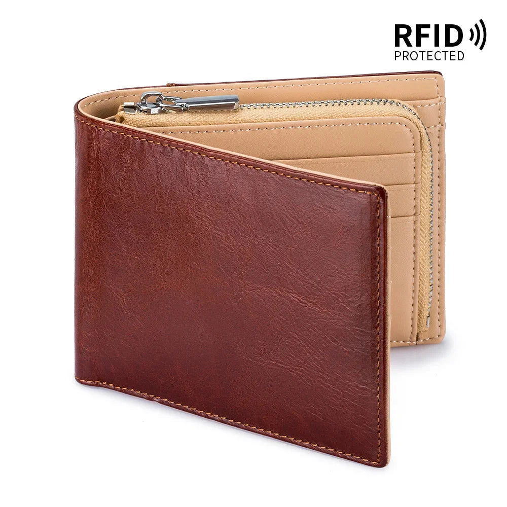 Genuine Leather Retro Men's Short Wallet with Large Capacity, Zipper Coin Pocket, Multiple Card Slots, RFID Blocking
